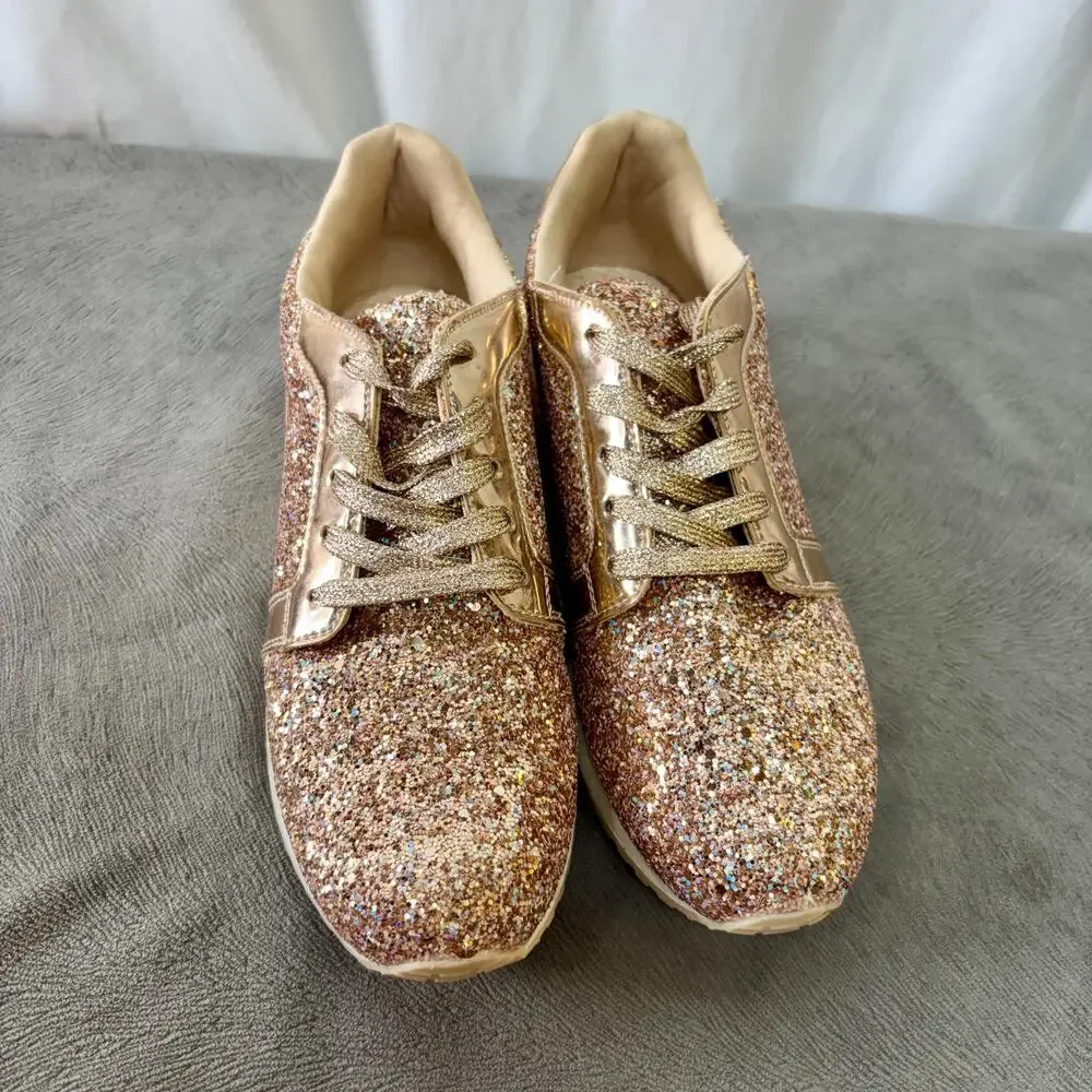 Fashion Sneakers Rose Gold Glitter Synthetic Lace Up Low Top Women's US 6 Qupid